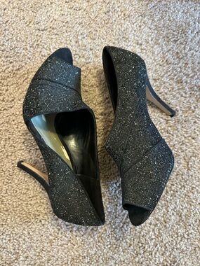 Ann Marino Black Glitter Peep-Toe Stilettos